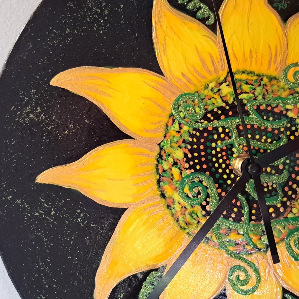 Hand Crafted Painted Sunflower Wall Clock - Black and Yellow Faith Home Decor - Picture 4 of 11